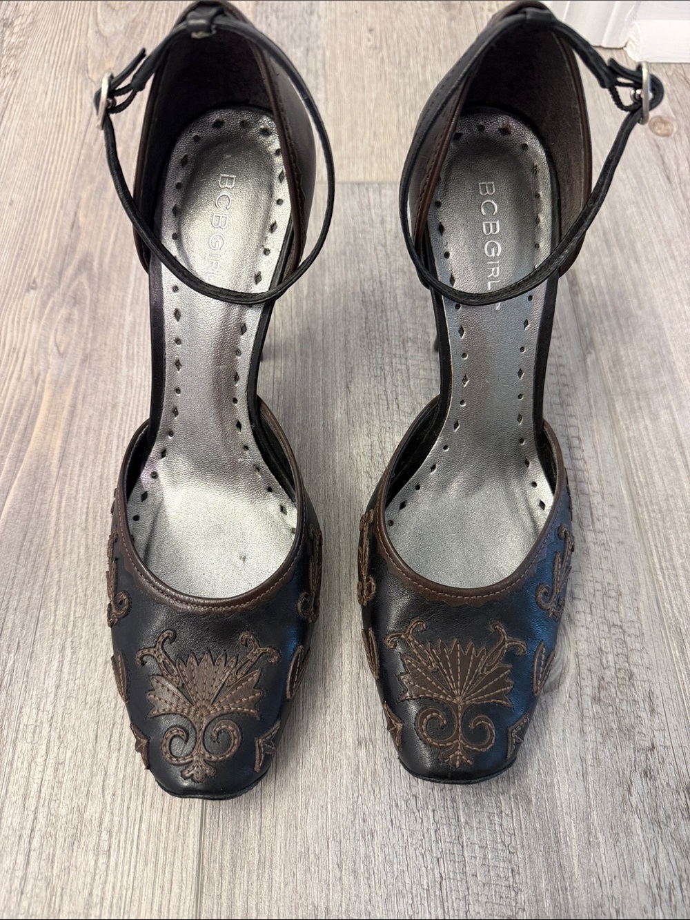 BCBGirls Black & Brown Embroidered Ankle-Strap Pumps